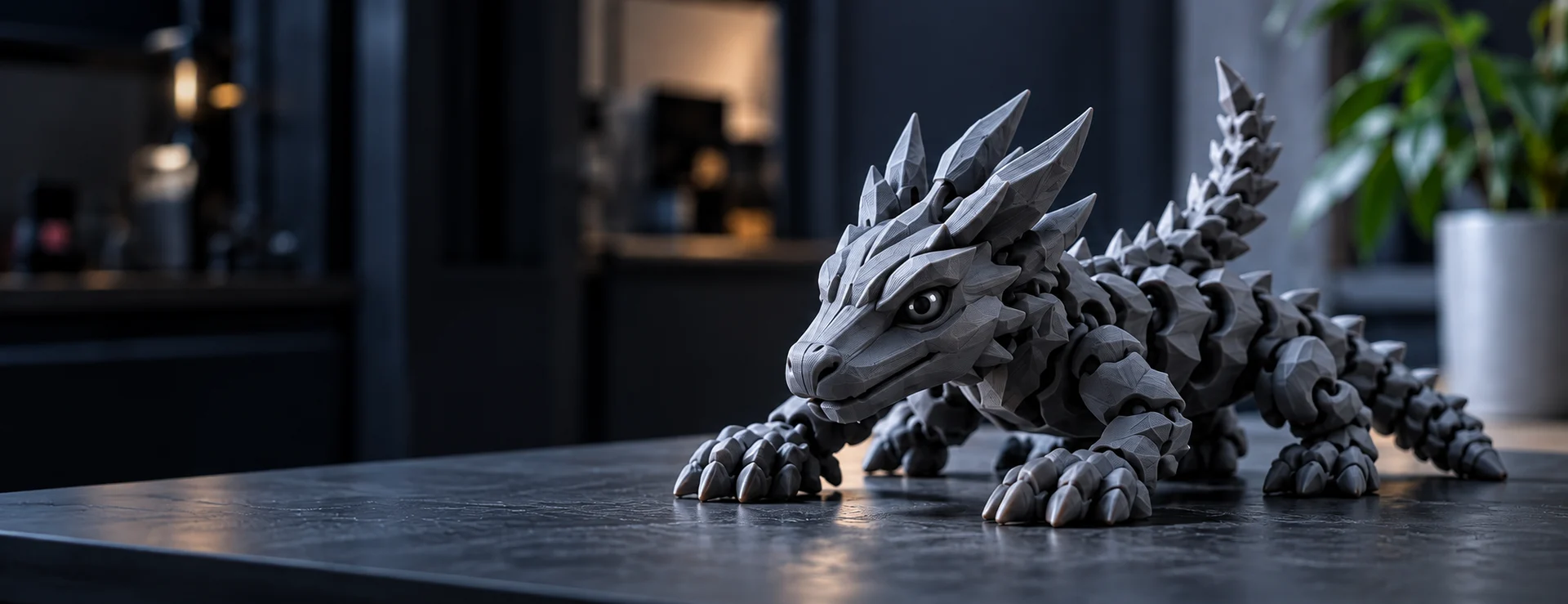 Dragão articulado cinza com textura geométrica de impressão 3D em um ateliê; imagem ilustrativa.